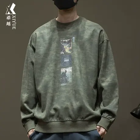 美式复古戈壁探险印花卫衣男麂皮绒重磅水洗军绿秋季宽松大码上衣图片