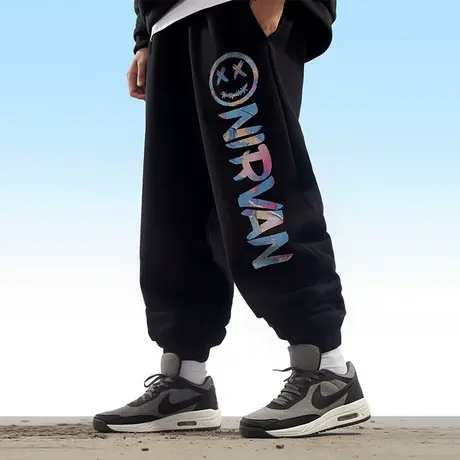 秋冬加绒男士纯棉卫裤休闲加肥加大码宽松运动裤纯棉长裤束脚裤商品大图