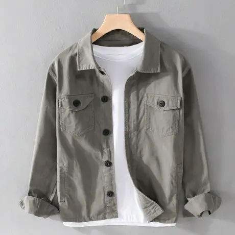 日系工装夹克男宽松纯棉休闲长袖绿色男士衬衫外套春秋翻领衬衣潮商品大图