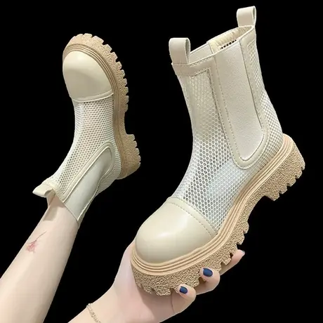 烟筒蓝底马丁靴凉鞋女夏季薄款网纱镂空凉靴2023新款厚底烟管短靴商品大图