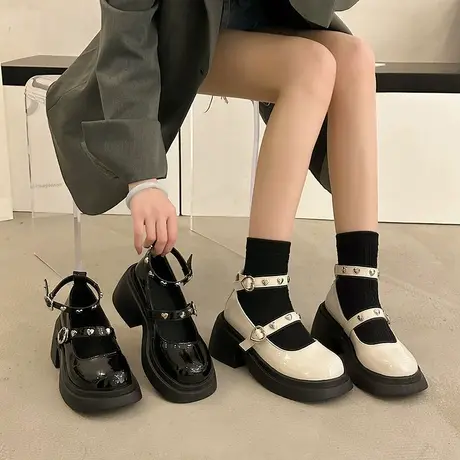 厚底黑色玛丽珍小皮鞋女春秋2023新款复古圆头百搭浅口法式单鞋子商品大图