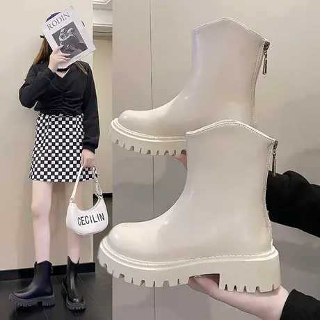 厚底烟筒靴增高靴子女2023新款拉链切尔西靴女中筒黑色马丁靴女秋商品大图