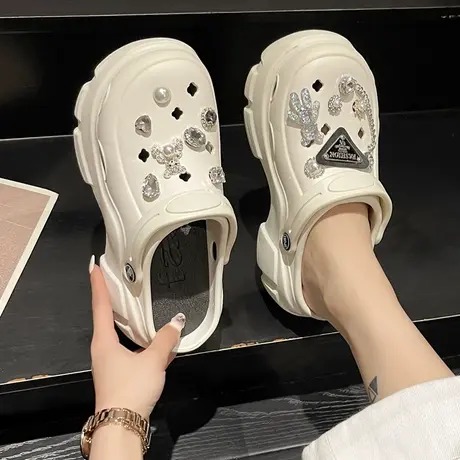 高跟洞洞鞋女夏季网红外穿可爱水晶熊链条厚底两穿防滑包头凉拖鞋商品大图