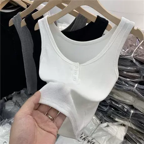 辣妹白色纽扣螺纹棉背心女内搭2024夏季新款运动风无袖上衣女短款商品大图