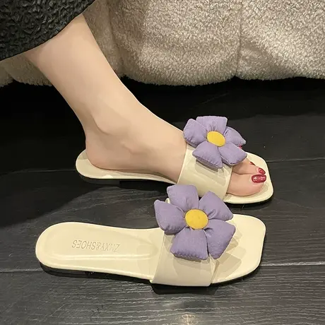 花朵凉拖鞋女夏外穿时尚新款网红海边度假沙滩方头百搭平底外出图片