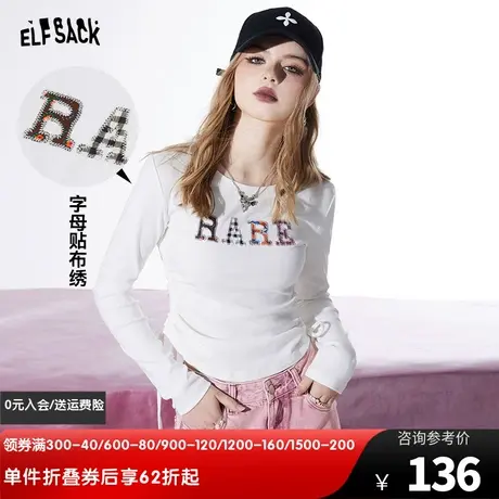妖精的口袋字母贴布绣白色修身长袖t恤女2024早春新款内搭打底衫图片