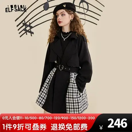妖精的口袋拼接黑色风衣外套女2023春秋新款中长款气质休闲小个子图片