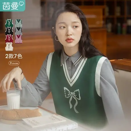 茵曼绿色针织马甲女秋季新款V领宽松设计感小众气质上衣服图片