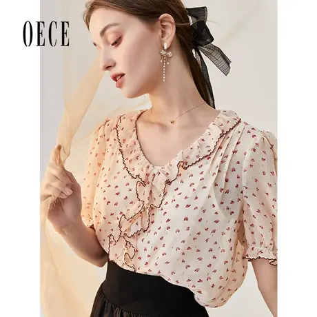 Oece淑女碎花衬衫2022夏装新款女装文艺甜美V领花边泡泡短袖上衣商品大图