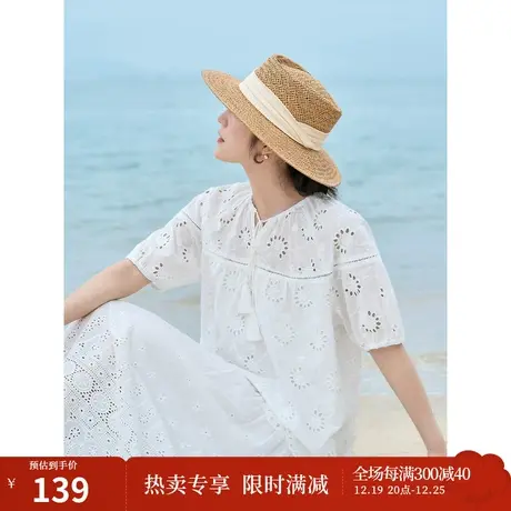 茵曼复古优雅衬衫2023夏女装新款镂空V领抽褶花苞袖短袖宽松上衣图片