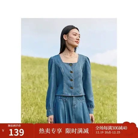 茵曼复古牛仔短外套2023秋女装新款法式方领泡泡袖长袖显瘦上衣图片