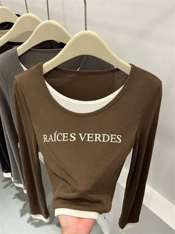 设计感假两件拼接针织衫字母印花长袖T恤女2023年早秋修身打底衫商品大图