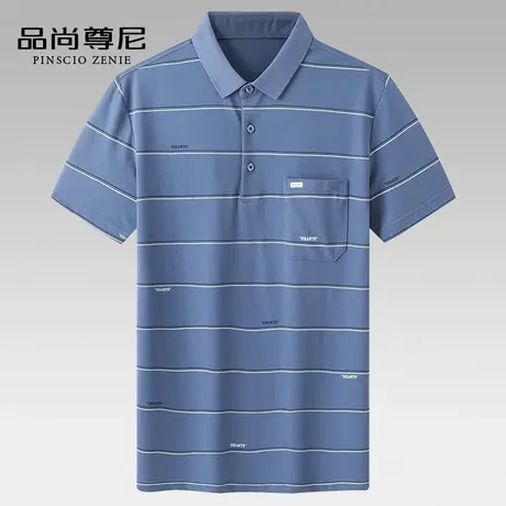 中老年人夏装男爷爷装丝光棉字母印花条纹翻领t恤短袖爸爸Polo衫商品大图