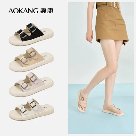 【勃肯拖鞋】奥康女鞋 夏季新款ins休闲平底一字拖外穿沙滩鞋图片