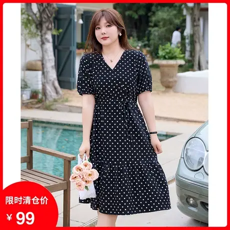 法式波点雪纺裙2023年夏装新款收腰泡泡袖V领显瘦大码胖MM连衣裙商品大图