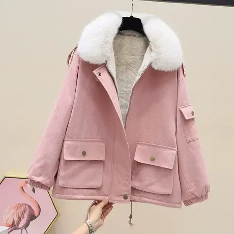 大口袋加绒派克服女2023冬新款加厚保暖棉服宽松大码工装外套上衣商品大图