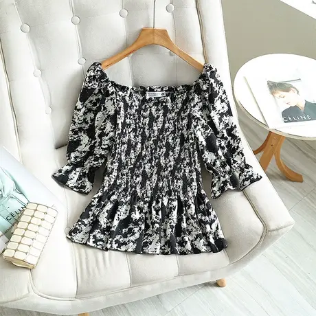 伊自尚大码女装2023夏季新款胖mm显瘦法式小香风印花薄款方领上衣图片