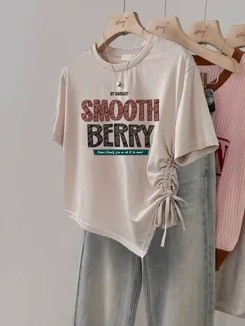 韩系辣妹风chic抽绳不规则上衣潮ins夏季收腰显瘦闺蜜装短袖T恤女商品大图