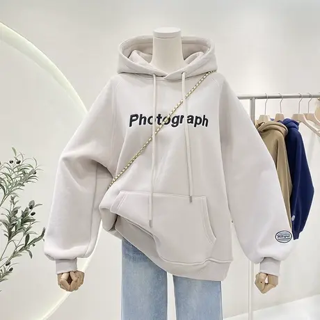 字母刺绣加绒连帽卫衣女韩国百搭宽松慵懒风秋冬加厚保暖外套上衣商品大图