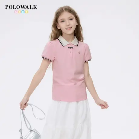 POLOWALK童装女童短袖T恤2025夏季新品珠地百搭时尚POLO领上衣图片