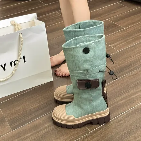 厚底不过膝长靴女韩版贝壳头长筒工装骑士靴两穿高筒西部牛仔靴子商品大图