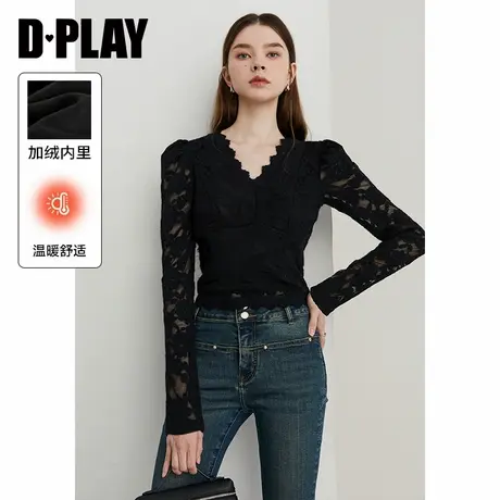 DPLAY【惠品】2025春季新款法式黑色蕾丝打底衫女性感长袖上衣图片