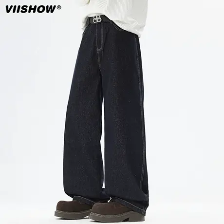 VIISHOW潮牌美式撞色辑明线直筒牛仔裤男复古宽松潮流百搭阔腿裤商品大图