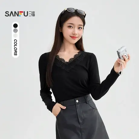 #三福长T恤2025冬季蕾丝拼接V领打底衫内搭上衣女装504419图片