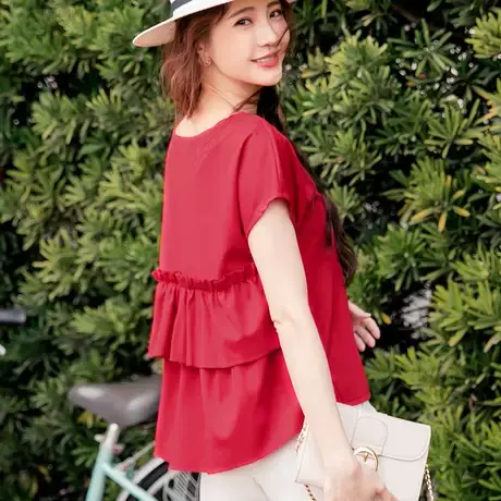 桔熊夏季韩版甜美通勤柔软圆领拼接荷叶边连袖上衣女大码AB14754商品大图