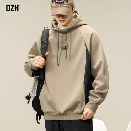 男生卡其色重磅卫衣男连帽美式秋季男装2023新款拼接长袖上衣男款商品大图
