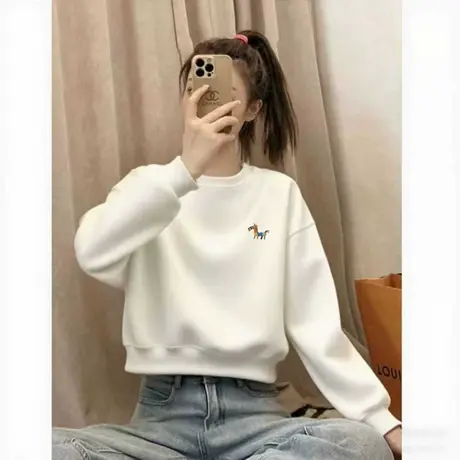 2025秋冬季新款白色短款加绒卫衣女装卡通印花套头小个子爆款上衣商品大图