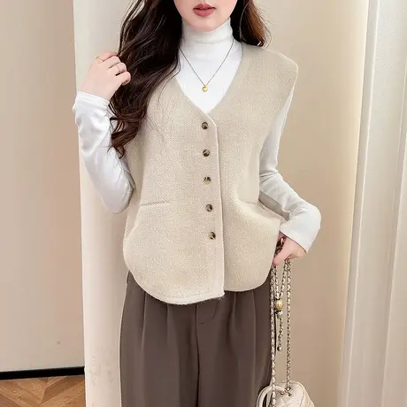 唐狮秋冬毛线衫女简约百搭V领开衫针织马甲高级感百搭上衣TM图片