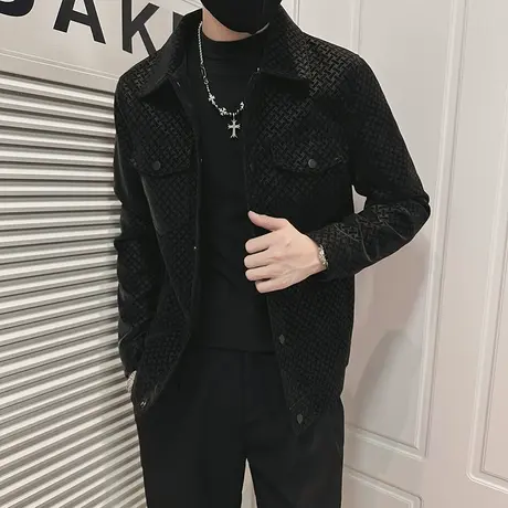 皮衣外套男秋冬痞帅高级感个性肌理感潮牌翻领夹克上衣印花机车服图片