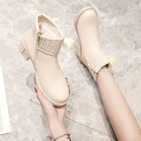 小香风粗高跟短靴女马丁靴2023年新款冬季加绒女靴子百搭春秋单靴图片