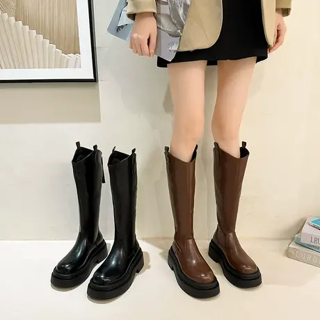 靴子女2023新款秋冬季韩系厚底v口增高长筒靴爆款粗跟西部牛仔靴商品大图