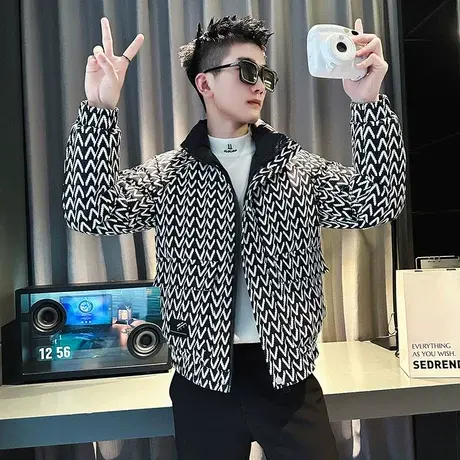 棉服外套男冬季2023立领拼色满印字母印花高级感个性潮流轻熟棉衣商品大图