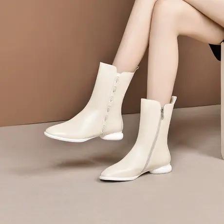 真皮中筒靴女粗跟2023年秋冬季新款方头加绒短靴平跟米白色瘦瘦靴图片