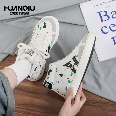 环球冬季加绒高帮鞋女鞋ins潮流超火百搭泼墨街头滑板鞋小白鞋女商品大图