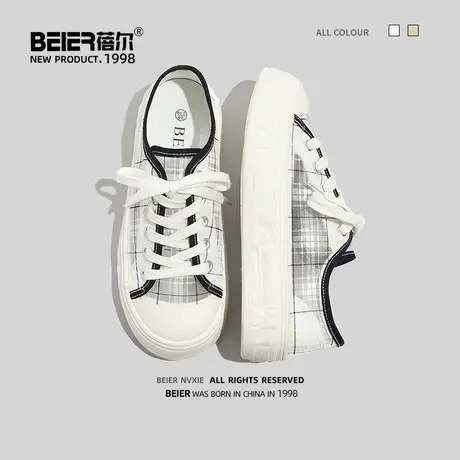 蓓尔格子帆布鞋女2023新款夏季百搭透气小白鞋小众日系网布板鞋子商品大图