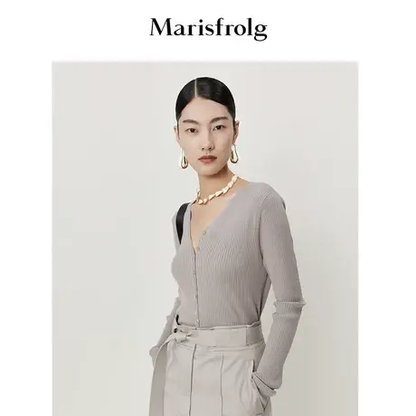 【桑蚕丝】玛丝菲尔春夏新款开衫浅咖色v领修身毛针织衫商品大图