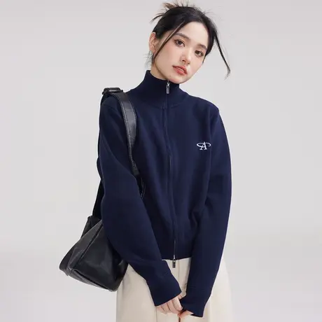 尔给蓝色立领双拉链美式复古短款开衫毛衣外套女2023新款春秋外穿商品大图