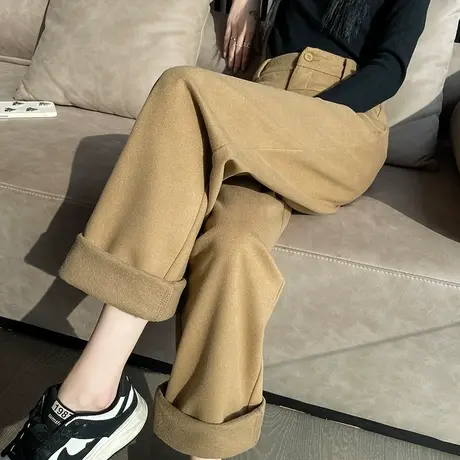 咖色毛呢阔腿裤女冬季新款加绒高腰宽松垂感小个子休闲窄版直筒裤商品大图