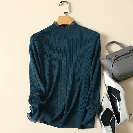 清仓！秋冬新款蕾丝拼接半高领女士内搭针织显瘦洋气打底衫毛衣女商品大图