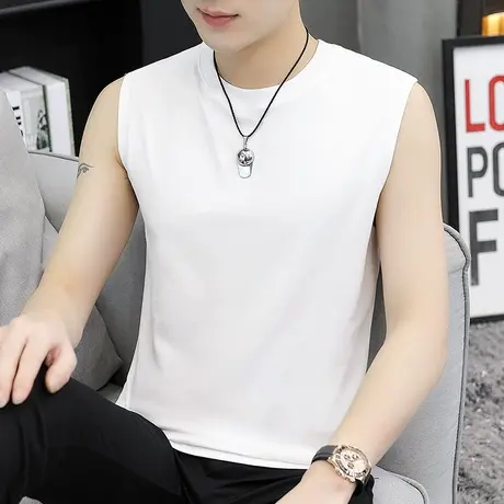 背心男夏季纯棉宽松纯色白色无袖t恤跨栏篮球健身运动坎肩男汗衫商品大图