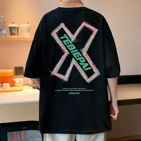 港风t恤男短袖潮流百搭字母印花半袖体恤夏季宽松圆领ins高街上衣商品大图