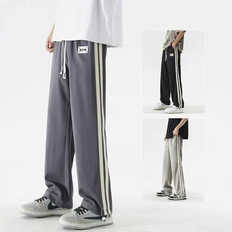 一裤两穿条纹九分裤子男士夏季宽松直筒休闲长裤青少年运动束脚裤商品大图