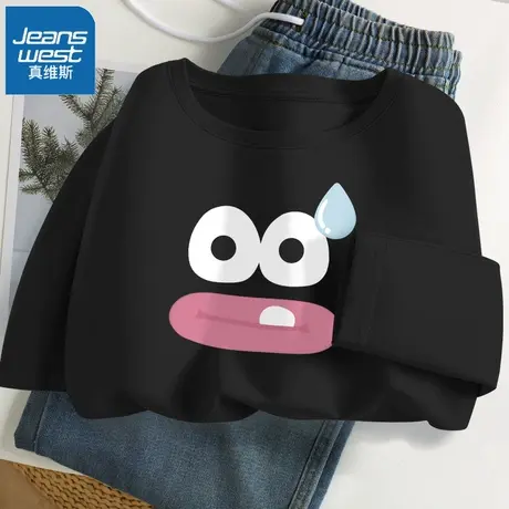 VR真维斯宽松t恤女秋季2023新款趣味黑色体恤学生设计感长袖上衣商品大图