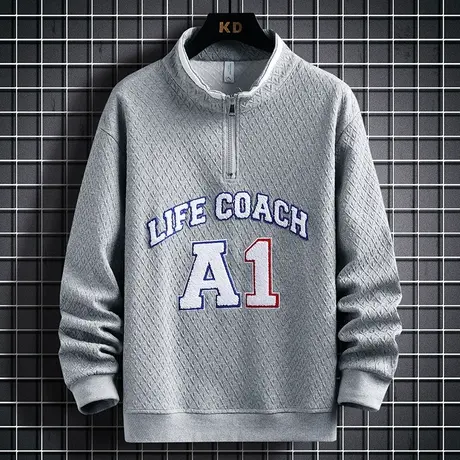 半拉链卫衣男士春秋季半高领提花毛巾绣长袖t恤男宽松潮流打底衫T商品大图