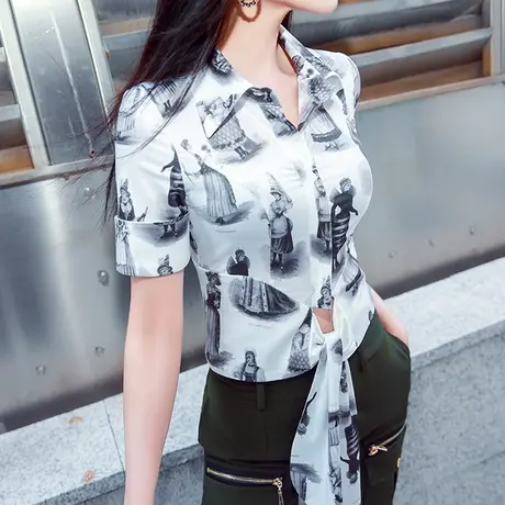 VJE夏季欧美印花女士衬衫新款时尚气质帅气短款修身上衣图片