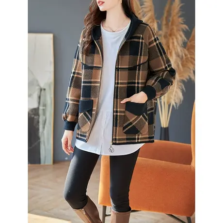 宝诗黎连帽格子针织短外套拉链开衫女2023年秋季新款宽松口袋上衣图片